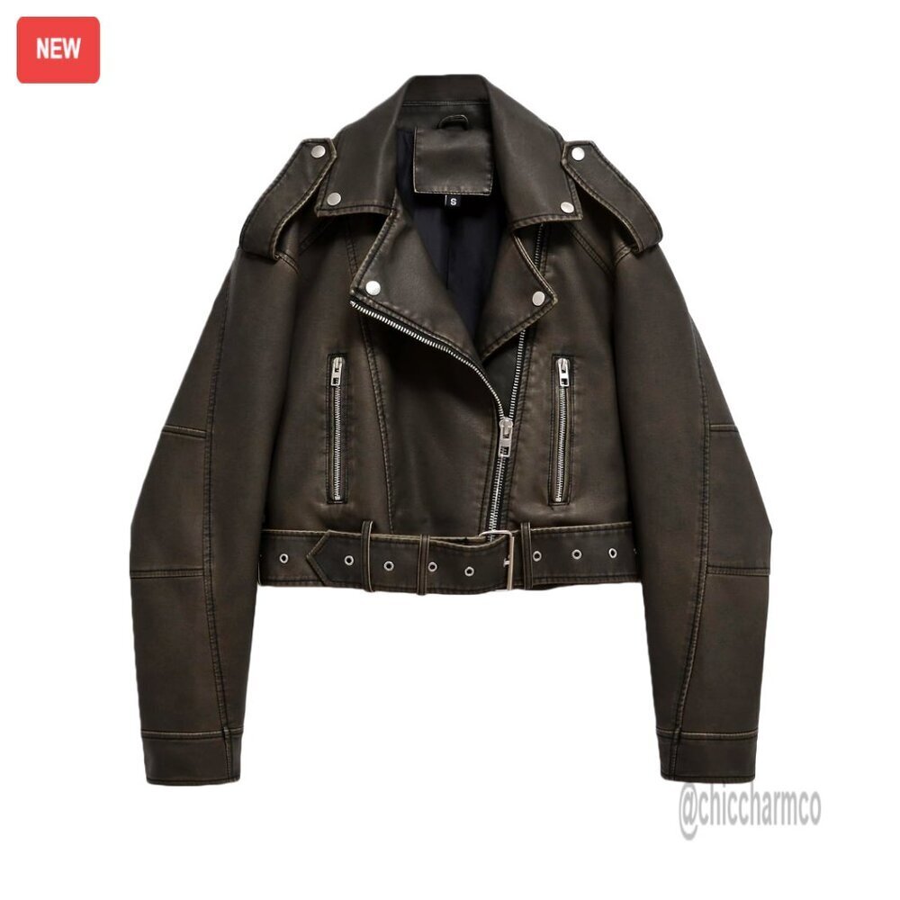 Faux Leather Cropped Biker Jacket Zipper Lapel Belted Oversized Chic Y2K